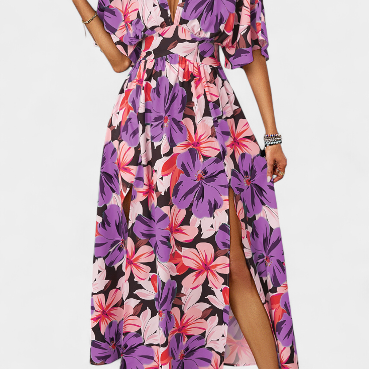 Elena - Vestido largo con estampado floral y escote cruzado