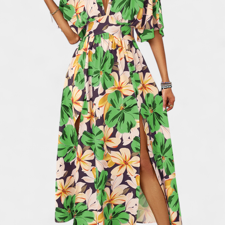 Elena - Vestido largo con estampado floral y escote cruzado
