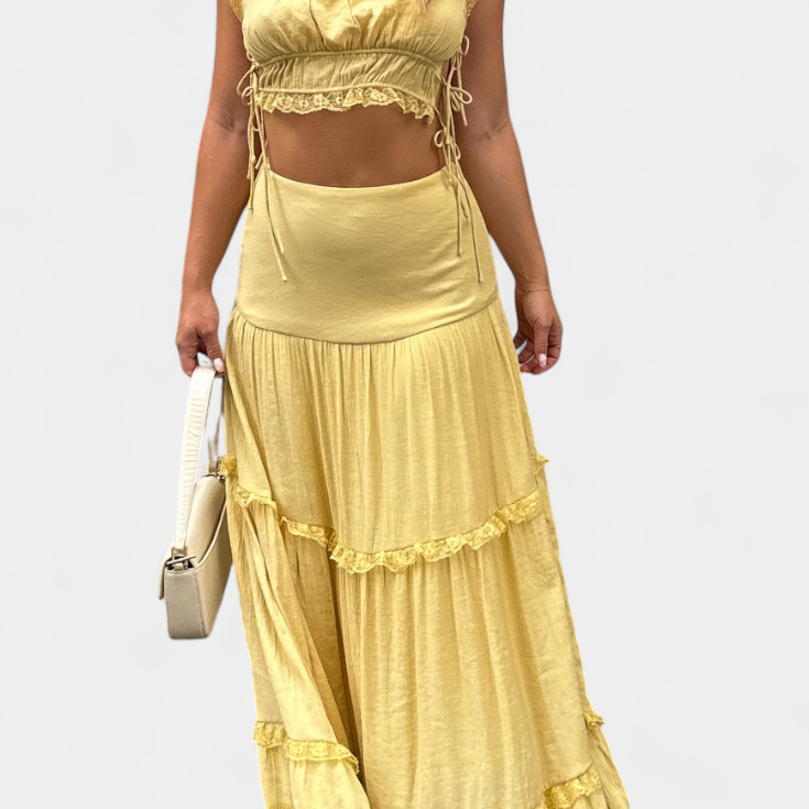 Ilys Conjunto Romántico de Top con Encaje y Falda Larga Voluminosa