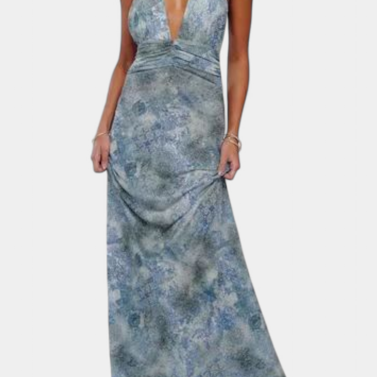 Melodía Vestido Maxi de Lunares con Escote Halter y Cintura Fruncida