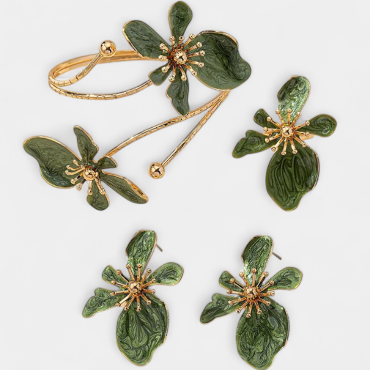 Set de Accesorios Florales: Pulsera + Pendientes + Anillos