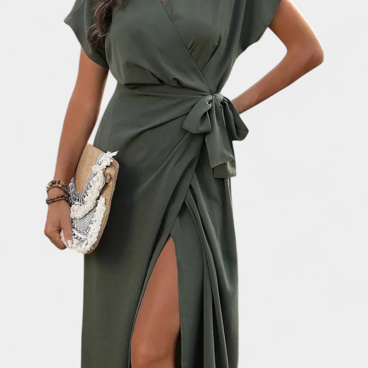 Begoña Vestido Cruzado con Cinturón y Abertura Sutil