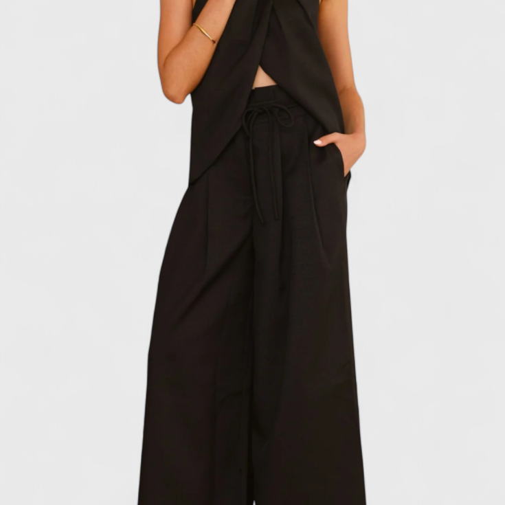 Bernadina Conjunto de Lino con Top de Abertura Frontal y Pantalón de Pierna Ancha