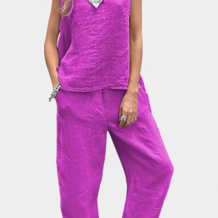 Leona Conjunto de Chaleco y Pantalón Sin Mangas en Algodón Lino