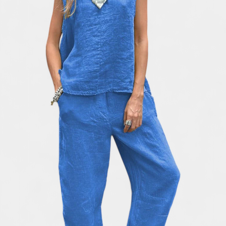 Leona Conjunto de Chaleco y Pantalón Sin Mangas en Algodón Lino