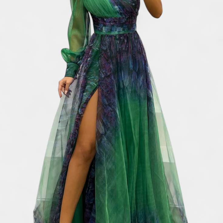 Becca Vestido Maxi de Chiffón con Hombro Descubierto y Flor Voluminosa