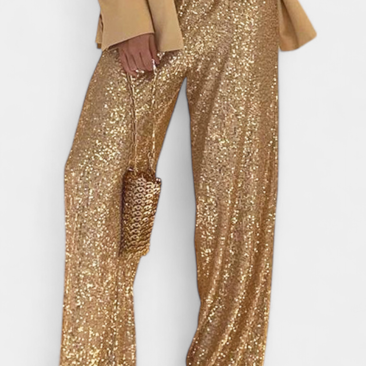 Elva Pantalones de Lentejuelas de Cintura Alta y Corte Holgado