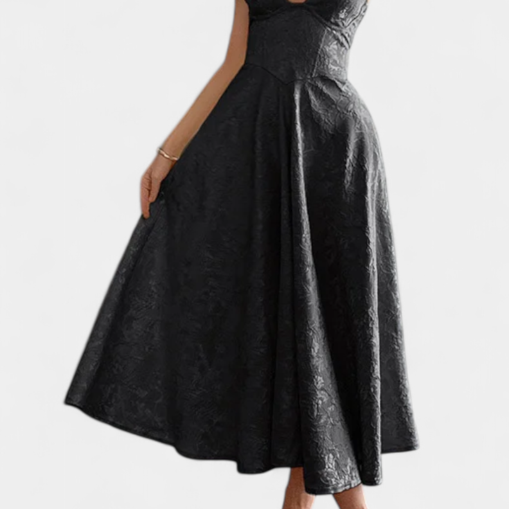 Gilda Vestido Midi Jacquard con Espalda Abierta y Cintura Alta