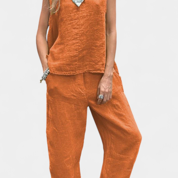 Leona Conjunto de Chaleco y Pantalón Sin Mangas en Algodón Lino