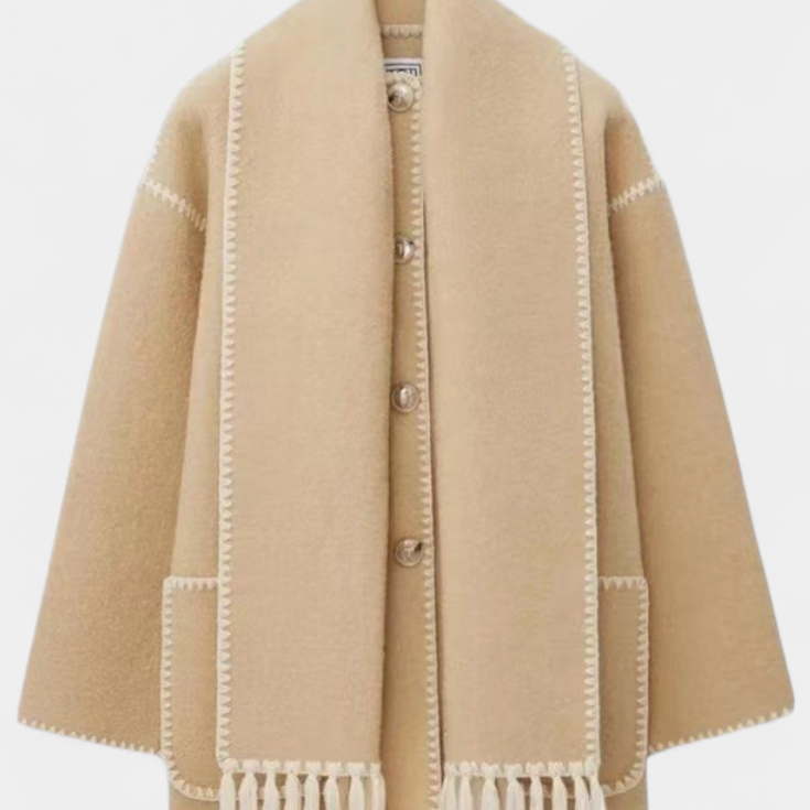 Pauline | Abrigo de Corte Suelto con Bufanda de Flecos Incorporada