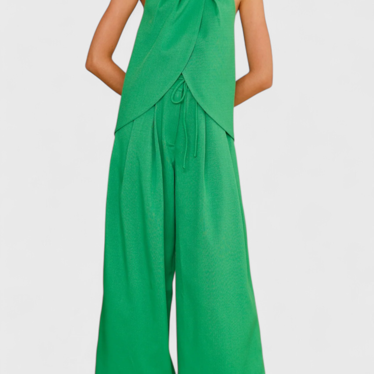 Bernadina Conjunto de Lino con Top de Abertura Frontal y Pantalón de Pierna Ancha