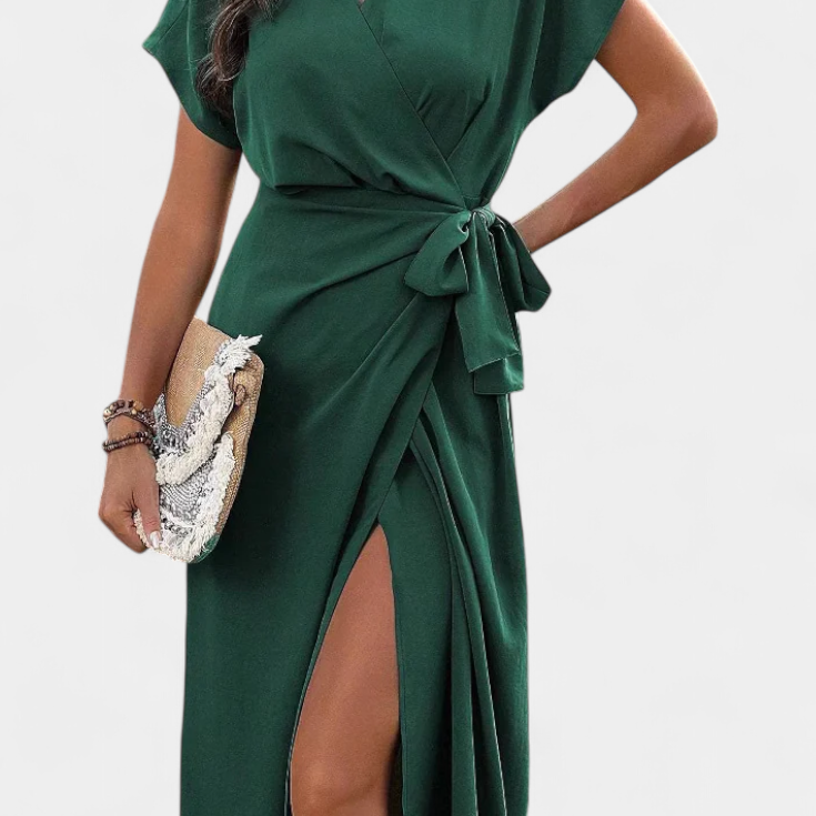 Begoña Vestido Cruzado con Cinturón y Abertura Sutil