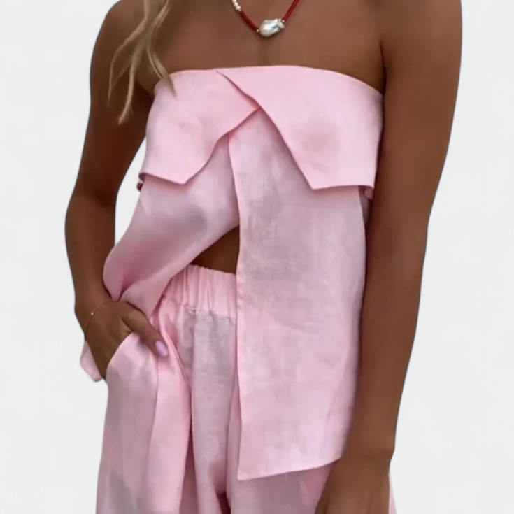 Oriana Conjunto Strapless con Falda de Abertura en Color Liso